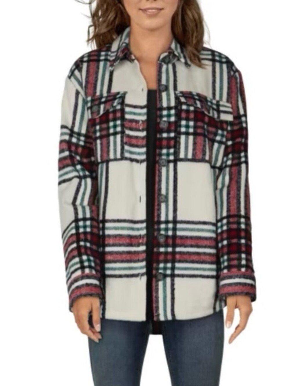 Natural Reflections Plaid Shirt Jacket Size L Button Front Shacket White Red NWT